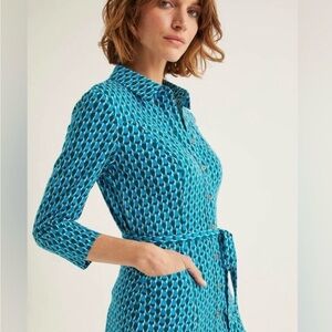 Boden Tara Jersey Cotton button down shirt dress blue green size 8R